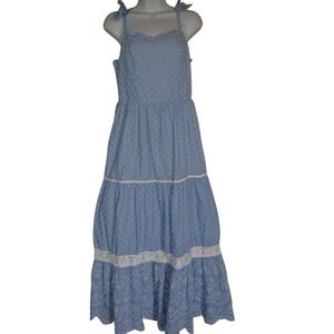 Shabby Chic Blue Swiss‎ Dot Tie Strap Midi Dress sz 6 Boho Cottagecore
